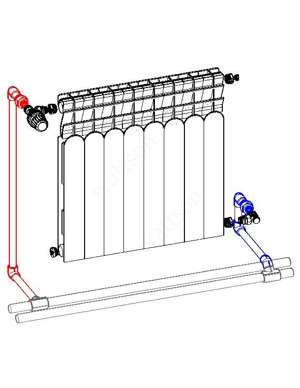 Обратка радиатора отопления. Wattson_ радиатор al элемент 500 080 10. Обвязка алюминиевого радиатора двухтрубная система. Двухтрубная система отопления обвязка радиатора отопления. Wattson BM 500 080.