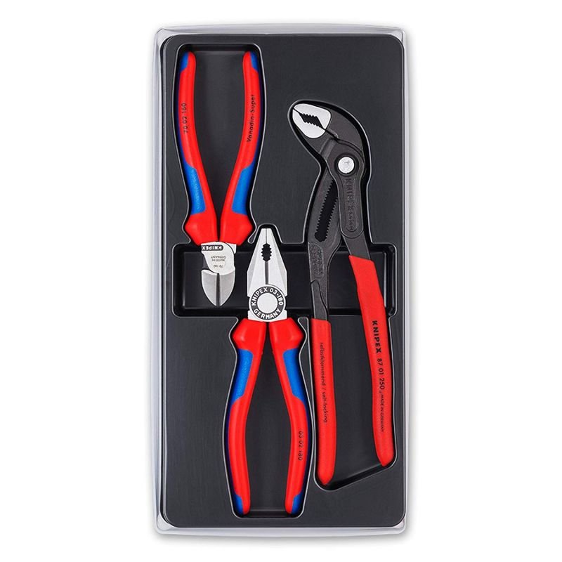 KNIPEX Набор Bestseller в ложементе 3 предмета: KN-0302180 плоскогубцы 180 мм, KN-7002160 бокорезы 160 мм, KN-8701250 клещи переставные Cobra