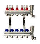 Комплект коллекторов FHF-5RF set с кронштейнами, 5 контуров, никилированная латунь, с расходомерами и клапанными вставками, воздухоотводчиками