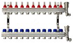 Комплект коллекторов FHF-12RF set с кронштейнами, 12 контуров, никилированная латунь, с расходомерами и клапанными вставками, воздухоотводчиками