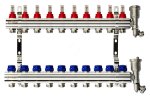 Комплект коллекторов FHF-10RF set с кронштейнами, 10 контуров, никилированная латунь, с расходомерами и клапанными вставками, воздухоотводчиками